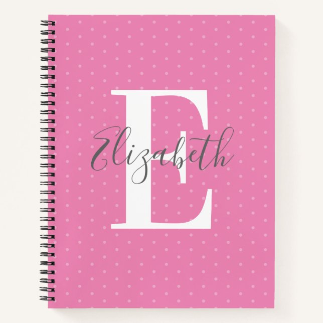 Modern Initial Name Polka Dot Pink Girly Notebook (Front)