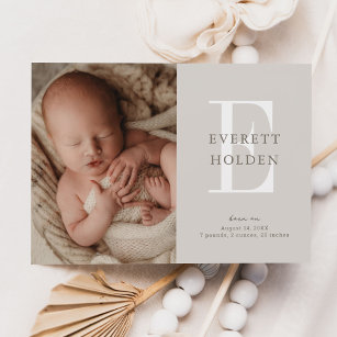 Modern Initial Neutral Baby Three Photo Birth Announcement