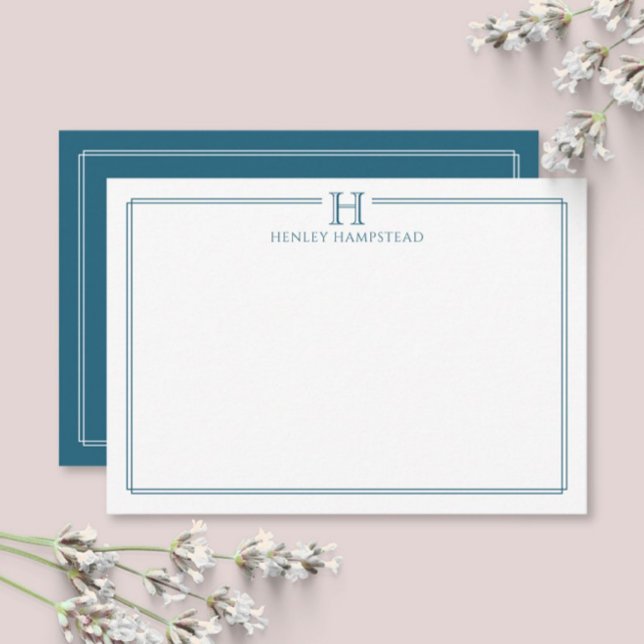 Modern Initial Patina Blue Border Stationery Card (Creator Uploaded)