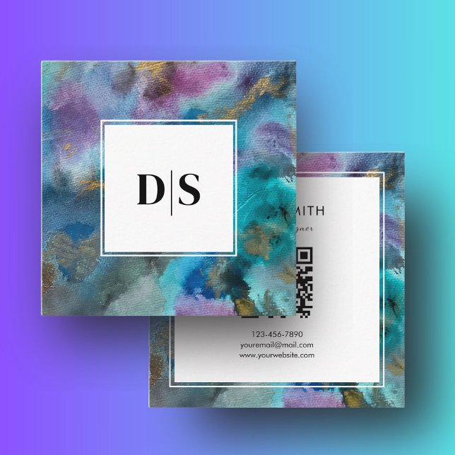 Modern Initial QRCode BlueTeal Watercolor Abstract Square Business Card (Modern Initial QR Code Blue Teal Watercolor Abstract Square Business Card)