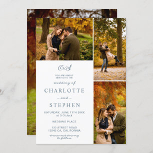 Modern initials 4 photos grid dusty blue wedding invitation