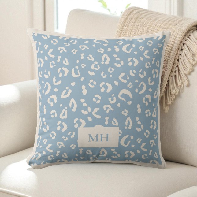Modern  Initials Blue Leopard Spots Print Monogram Cushion (Modern Initials Blue Leopard Spots Print Monogram Throw Pillow)