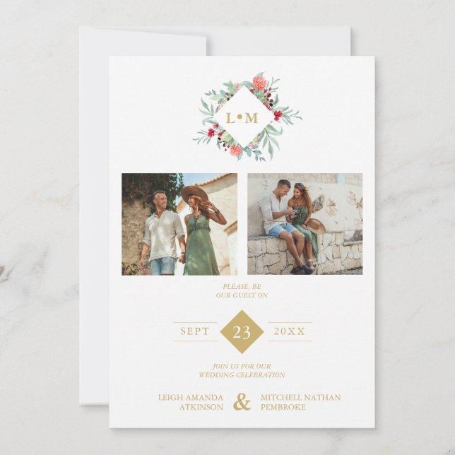 Modern Initials Floral Anagram 2 Photos Collage Invitation (Front)