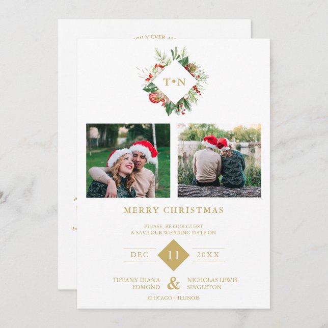 Modern Initials Floral Christmas Wreath 2 Photos  Save The Date (Front/Back)