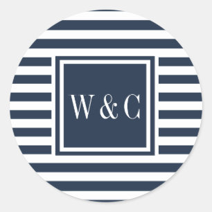 Modern Initials Monogram Navy Blue White Stripe Classic Round Sticker