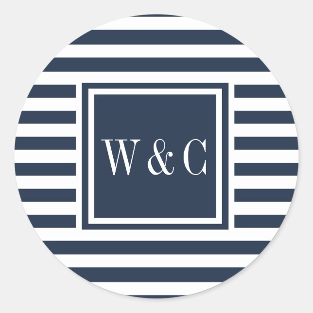 Modern Initials Monogram Navy Blue White Stripe Classic Round Sticker (Front)