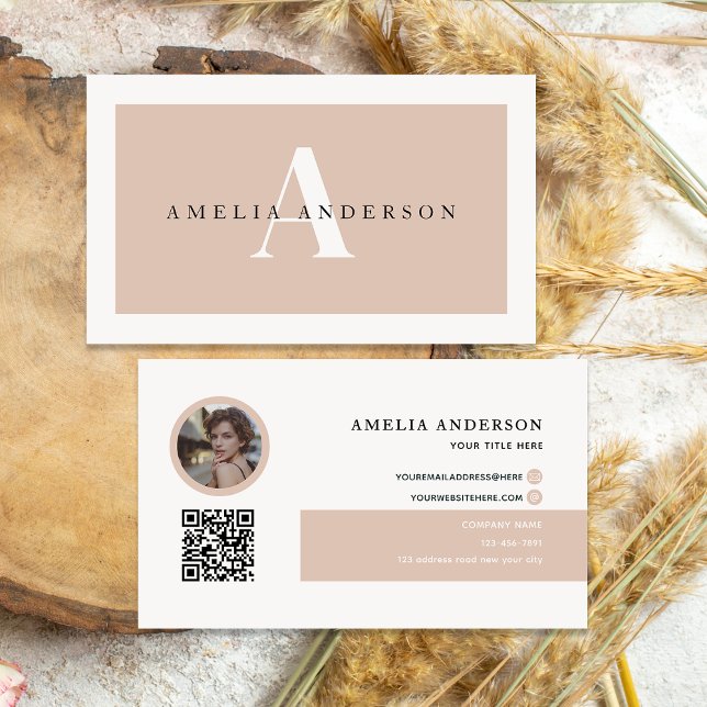 Modern Initials Name Beige Round Photo QR Code  Business Card (Creator Uploaded)