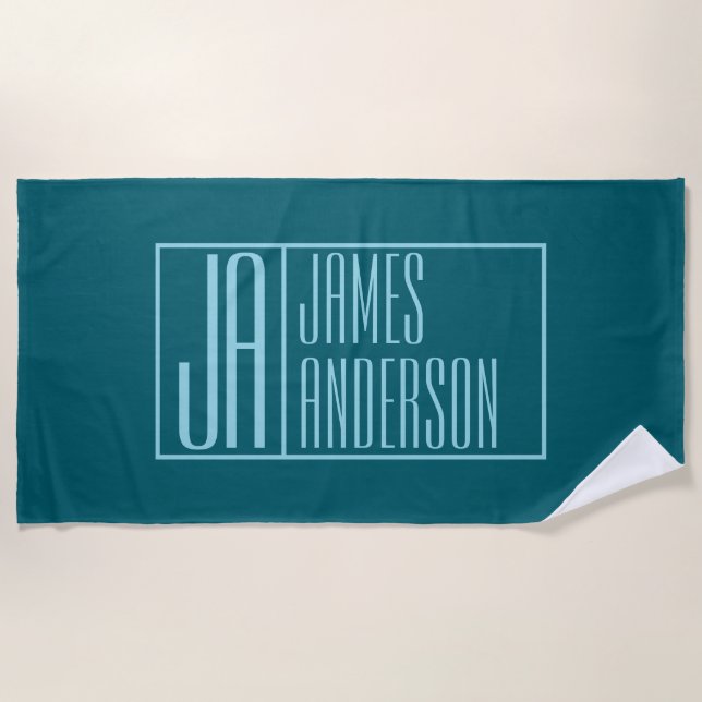 Modern Initials & Name | Dark Teal & Light Blue Beach Towel (Front)