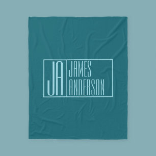 Modern Initials & Name Dark Teal & Light Blue Fleece Blanket