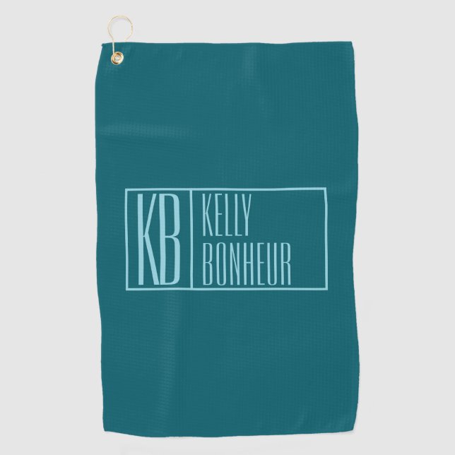 Modern Initials & Name | Dark Teal & Light Blue Golf Towel (Front)