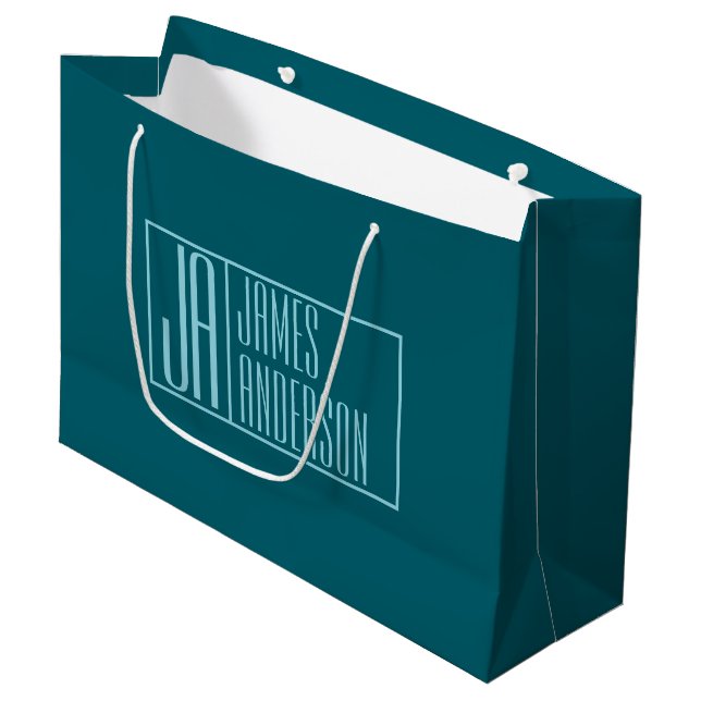 Modern Initials & Name | Dark Teal & Light Blue Large Gift Bag (Front Angled)