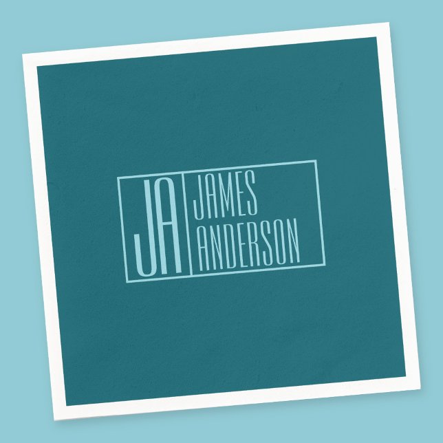 Modern Initials & Name | Dark Teal & Light Blue Napkin (Creator Uploaded)