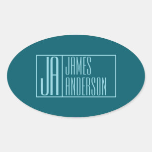 Modern Initials & Name   Dark Teal & Light Blue Oval Sticker