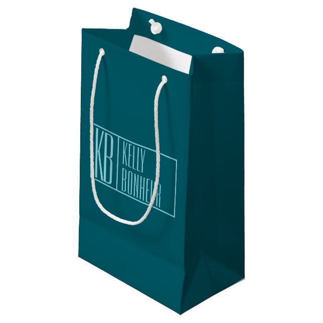 Modern Initials & Name | Dark Teal & Light Blue Small Gift Bag (Front Angled)