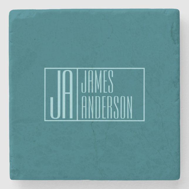 Modern Initials & Name | Dark Teal & Light Blue Stone Coaster (Front)