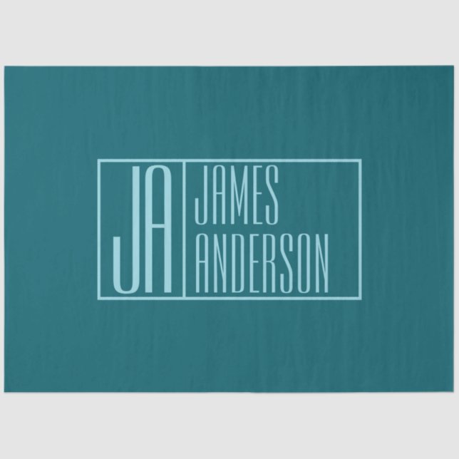 Modern Initials & Name | Dark Teal & Light Blue Tissue Paper (Front)