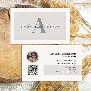 Modern Initials Name Grey Round Photo QR Code Business Card