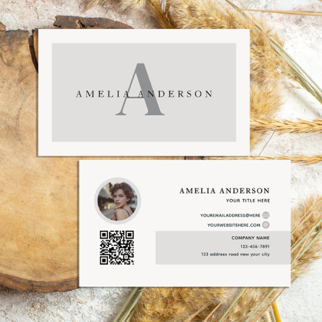 Modern Initials Name Grey Round Photo QR Code  Business Card (Creator Uploaded)