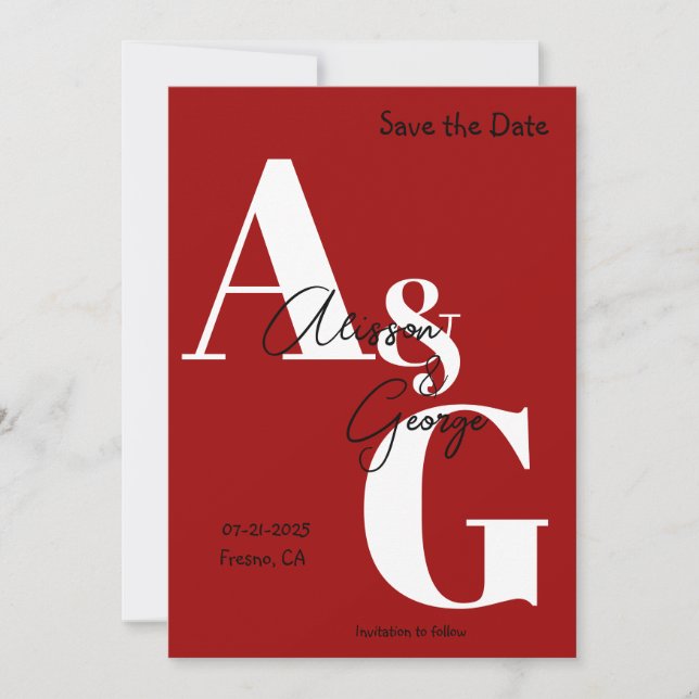 Modern Initials Red Photo Save The Date (Front)