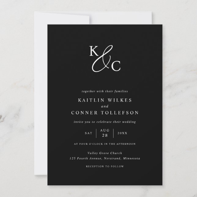 Modern Initials Simple Black & White Wedding Invitation (Front)