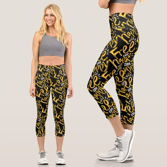 Modern Inspiration Black Yellow Brush Paint Typo  Capri Leggings (Creator Uploaded)