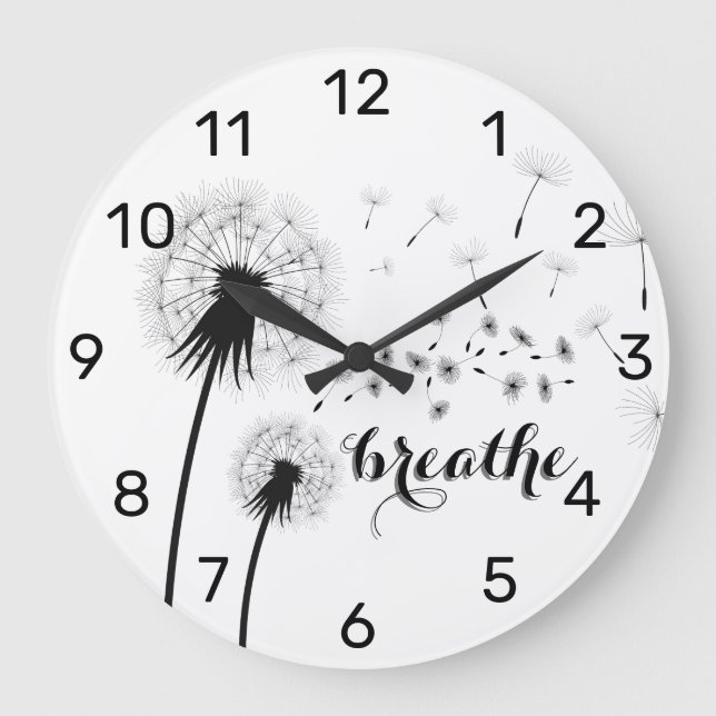Modern Inspirational Quote BREATHE Dandelion Large Clock (Front)