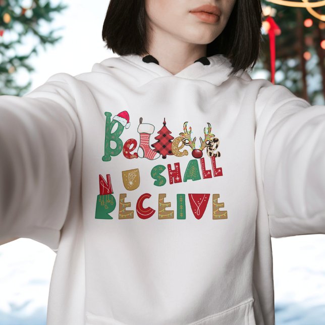Modern Inspiring Red Gold Believe Womens Christmas Hoodie (Creator Uploaded)