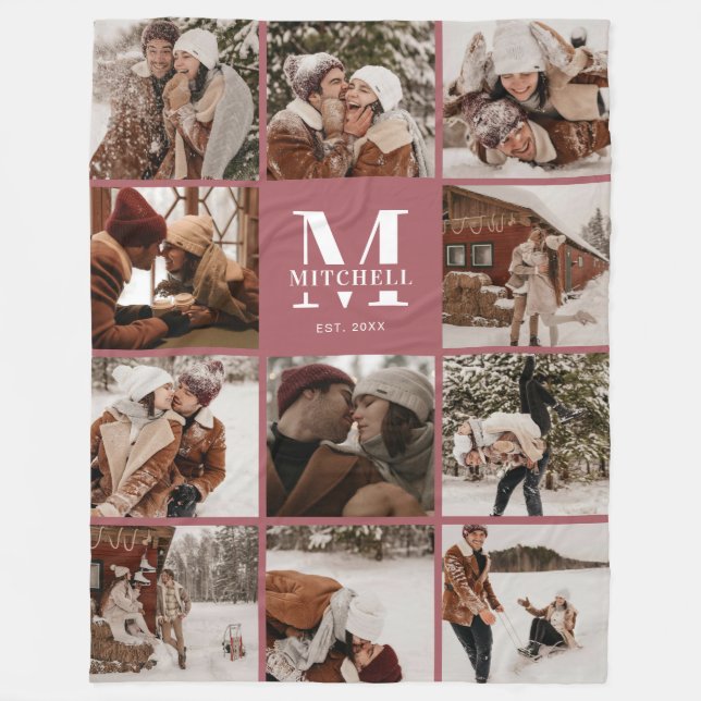 Modern Instagram Family Photo Collage Monogrammed Fleece Blanket (Front)
