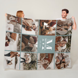 Modern Instagram Photo Collage Sage Green Monogram Fleece Blanket
