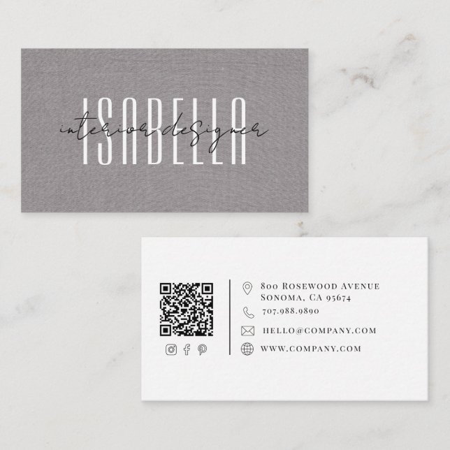 Modern Interior Designer Faux Linen Script Business Card (Front/Back)