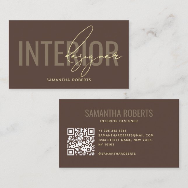 Modern interior designer QR Code brown Business Card (Front/Back)