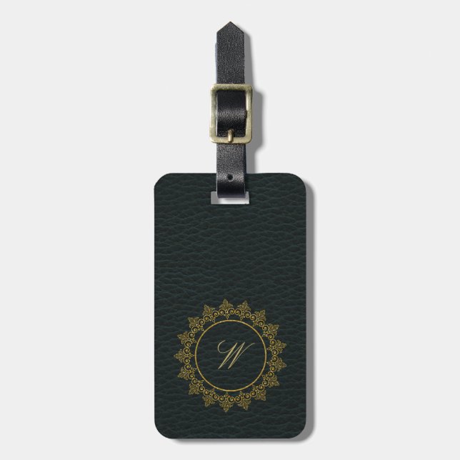 Modern Intricate Monogram on Dark Leather Luggage Tag (Front Vertical)