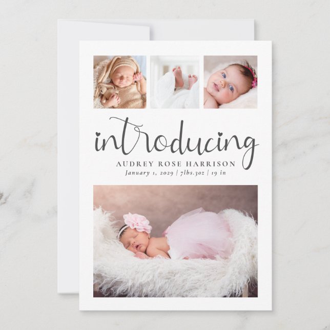Modern Introducing Photo Collage Birth Announcement (Front)