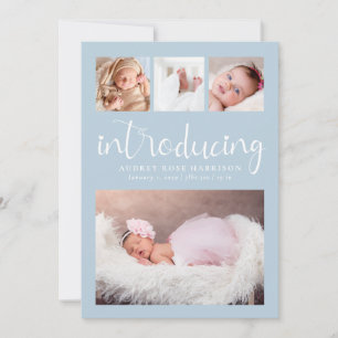 Modern Introducing Photo Collage Dusty Blue Birth Announcement
