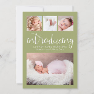 Modern Introducing Photo Collage Sage Green Birth Announcement