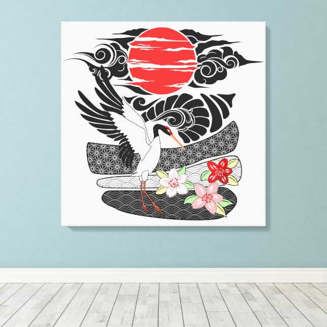 Modern Irezumi Art Tsuru Canvas Print (Insitu(Wood Floor))