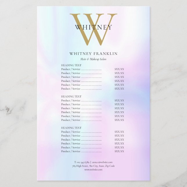 Modern Iridescent Monogram Salon Service Menu (Front)