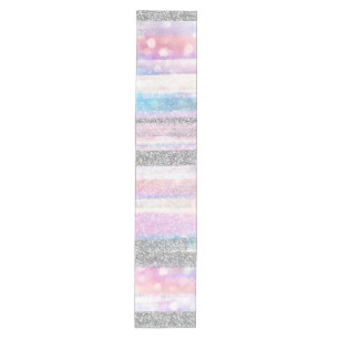 Modern Iridescent & Silver Glitter Strokes Stripes Medium Table Runner
