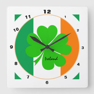 Modern Irish Flag, Ireland trendy Home / Shamrock Square Wall Clock
