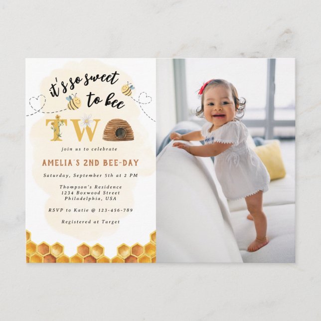 Modern It’s so sweet to bee second birthday Photo Invitation Postcard (Front)