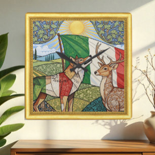 Modern Italy, Wolf & Deer, Italian Art Nouveau Square Wall Clock