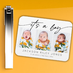 Modern It's a Boy Baby Newborn 3 Photo Collage Magnet