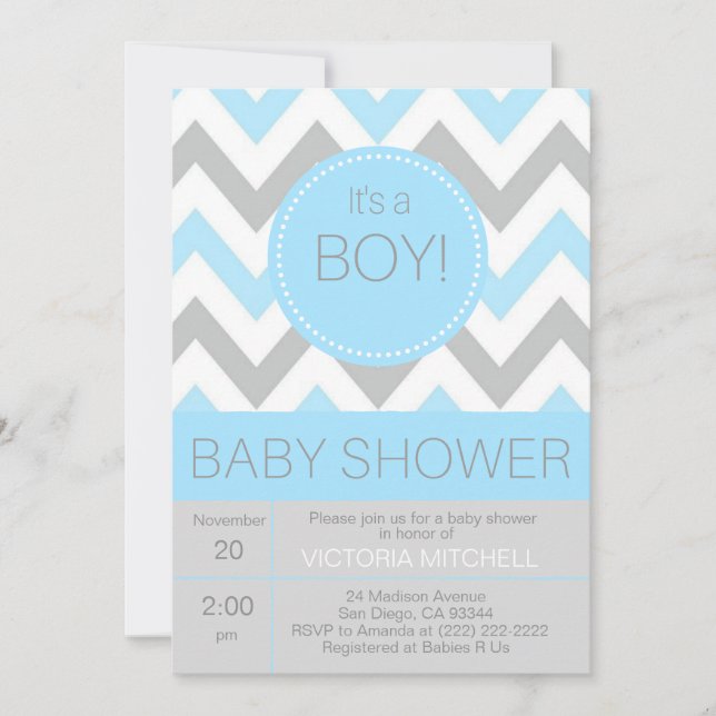 Modern 'It's a Boy' Blue/Grey Chevron Baby Shower Invitation (Front)