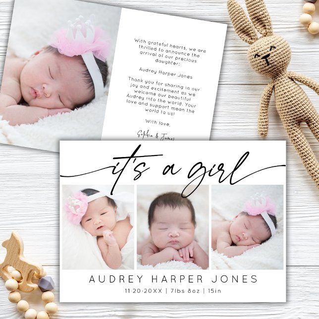 Modern It's a Girl Baby Newborn 3 Photo Collage   Announcement (Creator Uploaded)