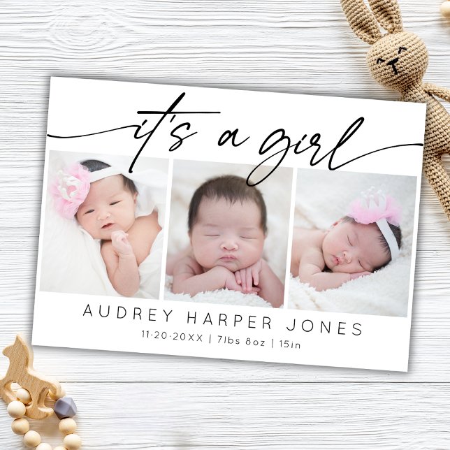 Modern It's a Girl Baby Newborn 3 Photo Collage   Card (Creator Uploaded)