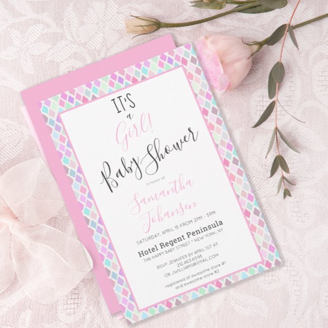 Modern It's a Girl Geometric Pattern Baby Shower Invitation (MODERN PINK GEOMETRIC PINK BABY SHOWER INVITATION)