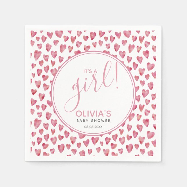 Modern It's a Girl Pink Heart Baby Shower Napkin (Front)
