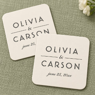 Modern Ivory and Black Wedding Monogram Square Paper Coaster