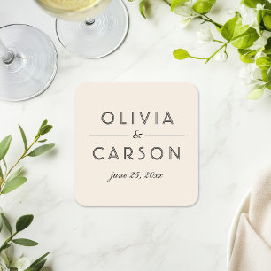 Modern Ivory and Black Wedding Monogram Square Paper Coaster
