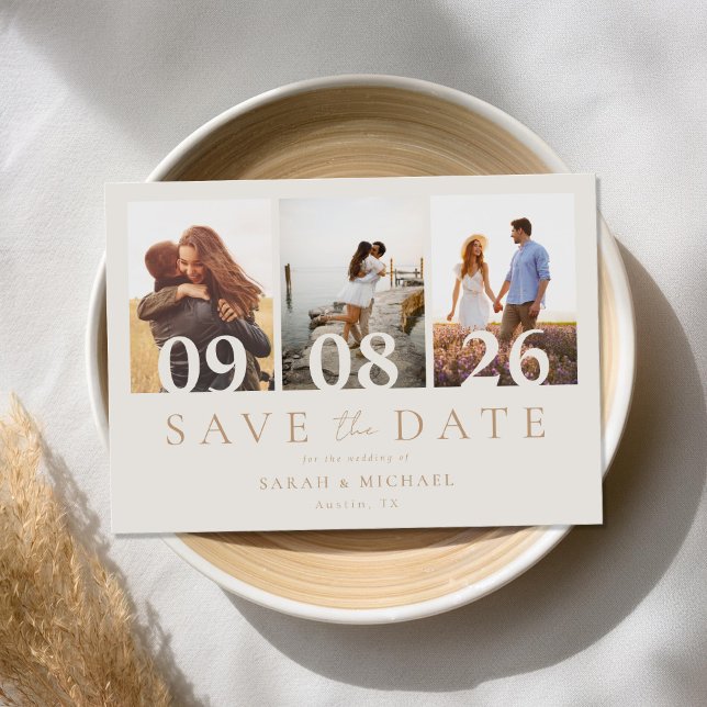 Modern Ivory and Tan 3 Photo Collage Wedding Save The Date (Creator Uploaded)